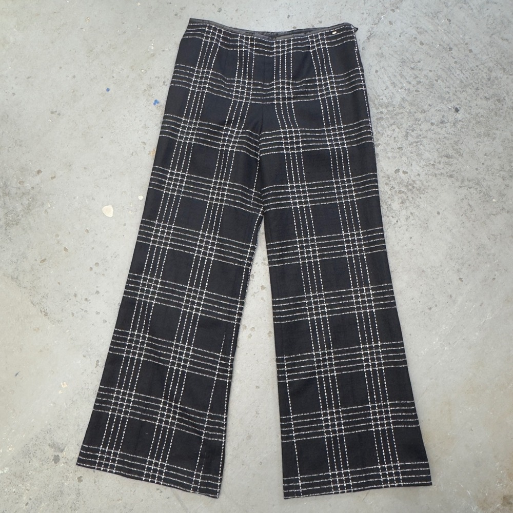 Escada Black White Grid Plaid Wool Angora Wide Leg Trousers Size 44
